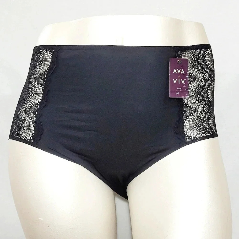 4X Ava &‎ Viv High Waist Bonded Briefs with Lace Ebony Black NWT